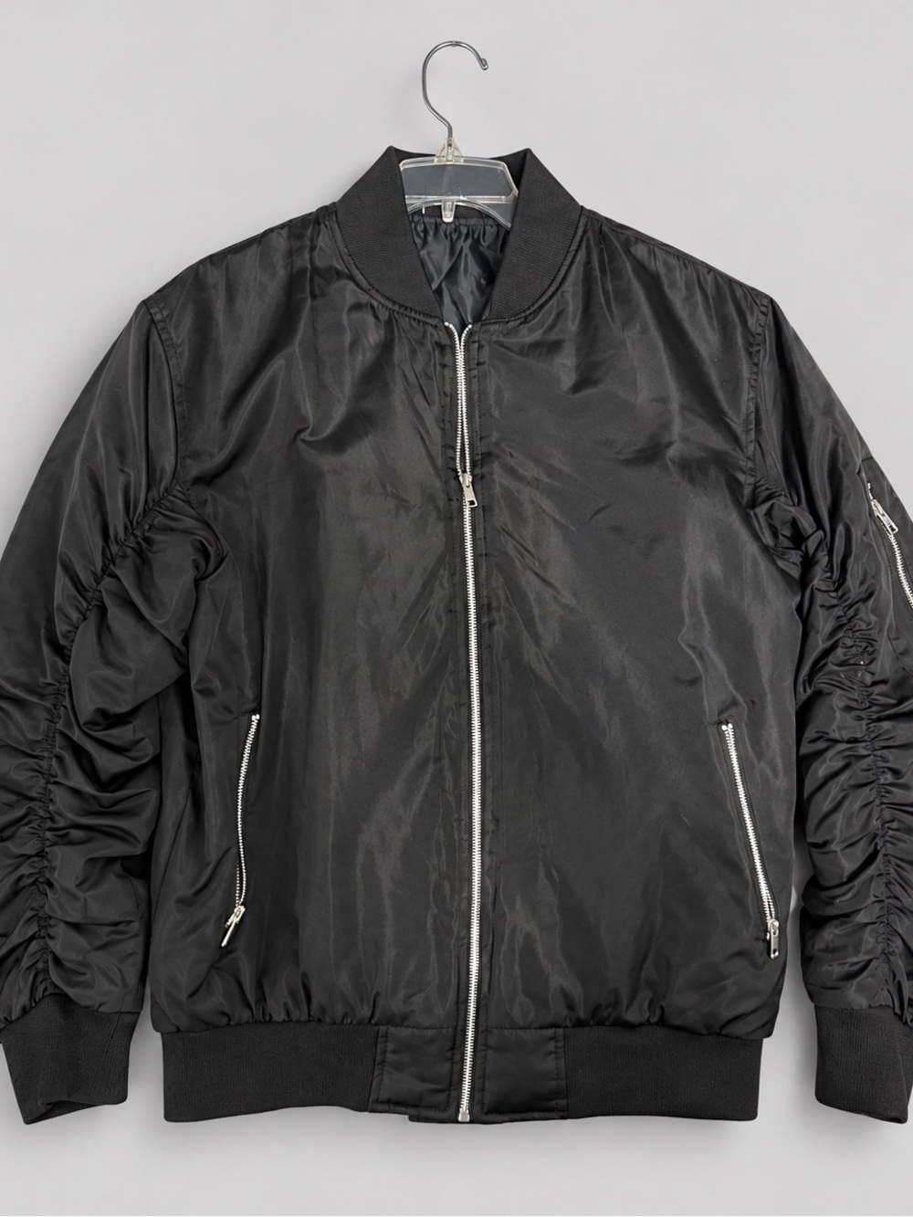 Black Bomber Jacket with Ruched Sleeves